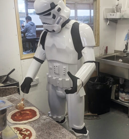 storm trooper making pizza