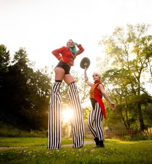 two circus performers at wedding